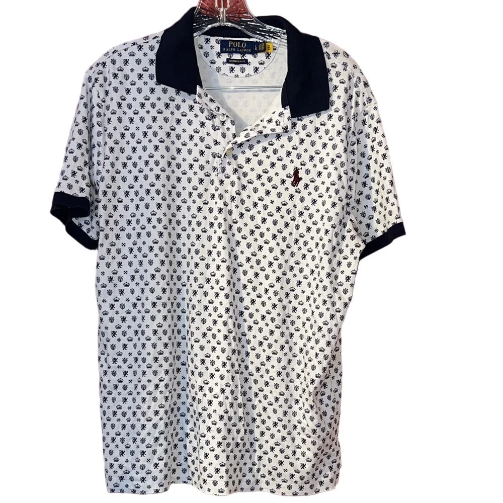 Ralph Lauren Classic Fit Lion Crown Printed Polo Shirt Mens M Navy White L